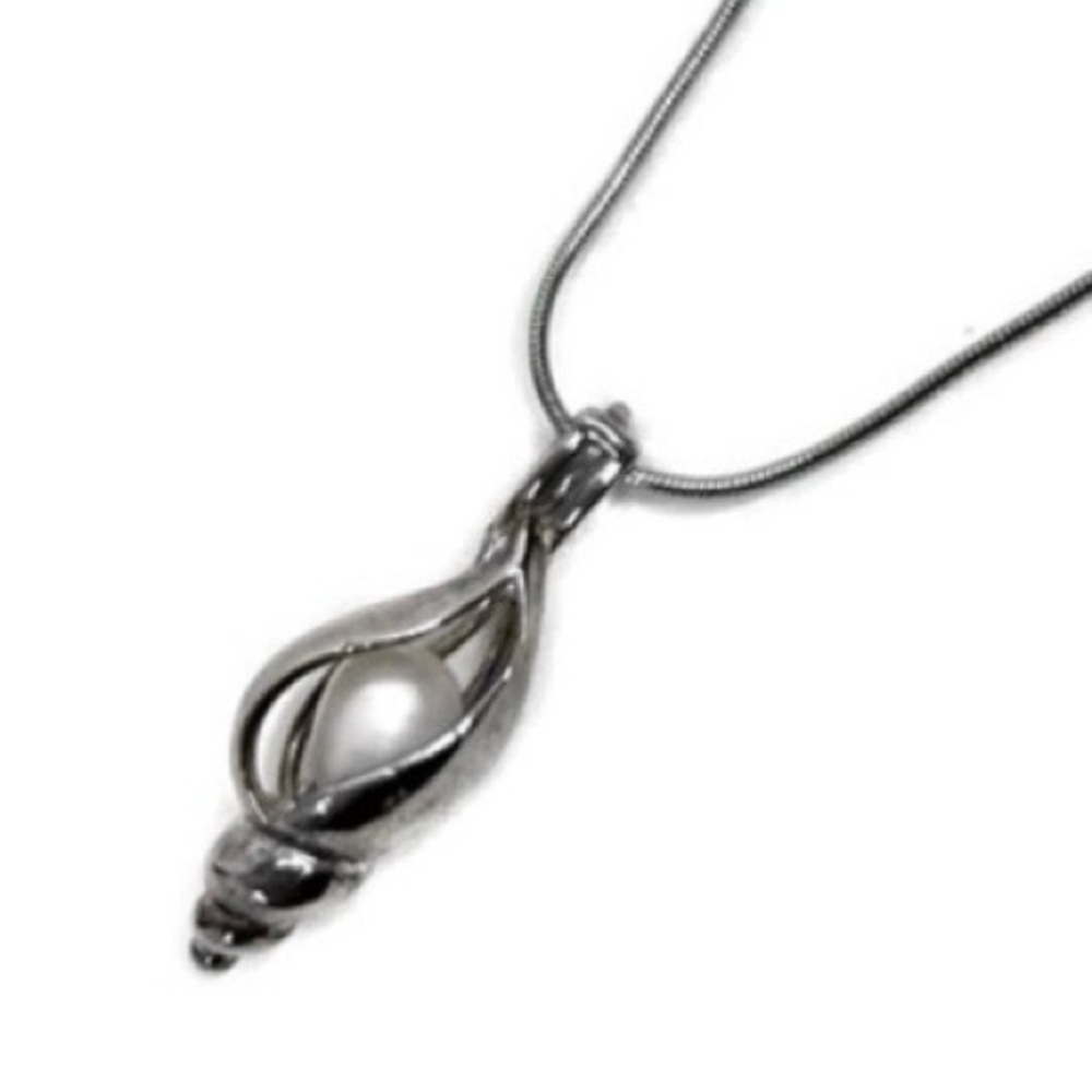 Silver Tone Shell Caged Pearl Pendant and Chain Necklace